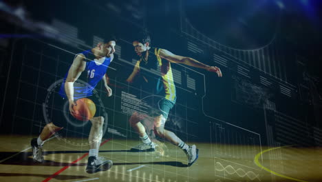 animación del procesamiento de datos digitales sobre jugadores de baloncesto