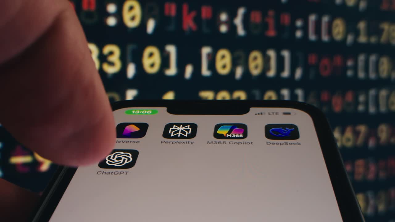 Hand Tapping ChatGPT App and Scrolling Code on Smartphone Screen