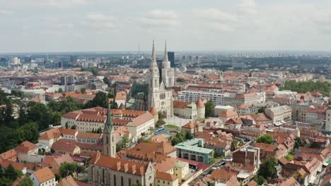 flying towards zagreb cathedral with scenic view of zabgreb city in croatia