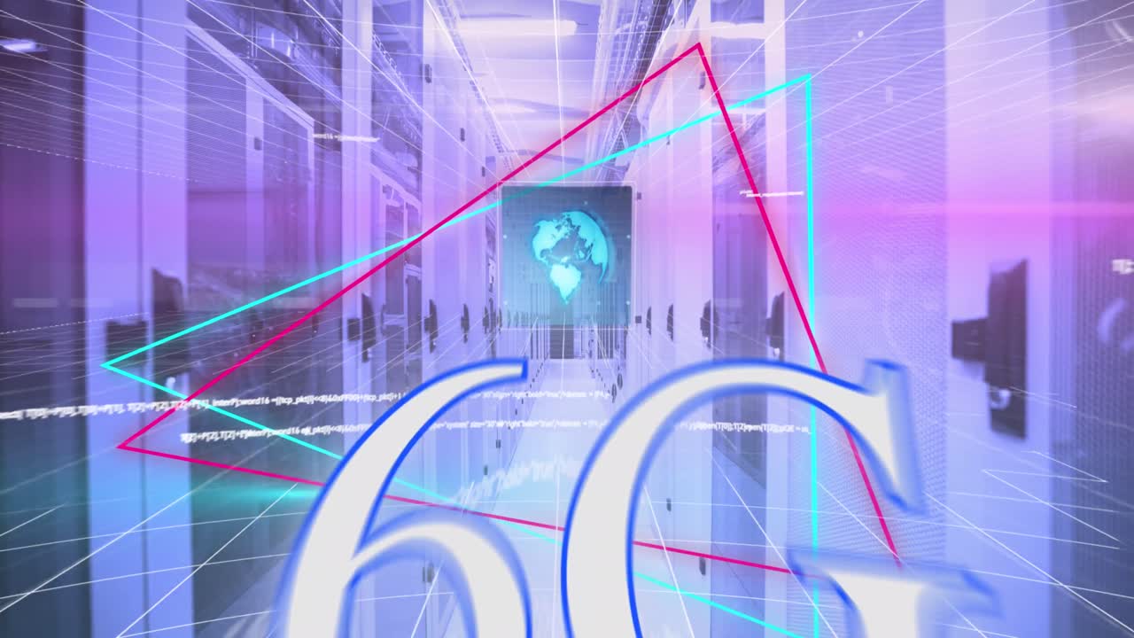 네온 삼각형 모양과 컴퓨터 서버 방에 대한 데이터 처리에 대한 6g의 애니메이션