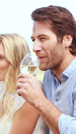 pareja linda riendo y bebiendo vino blanco