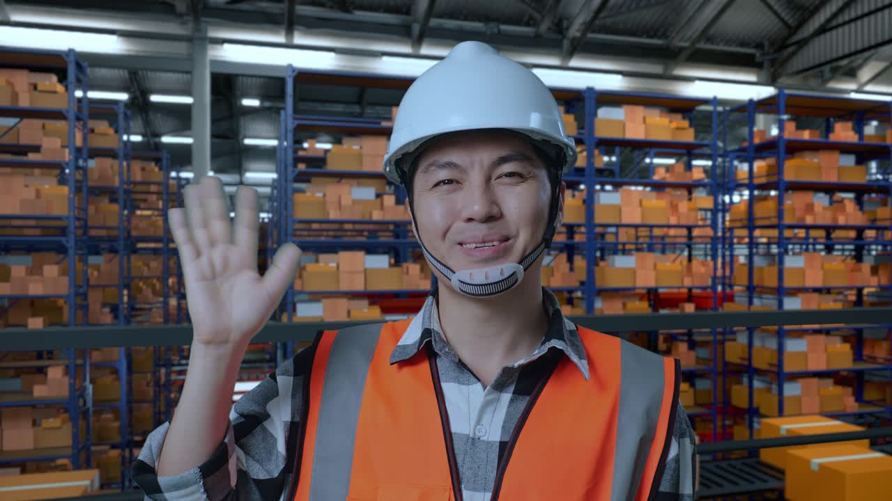 창고 노동자가 손을 흔들고