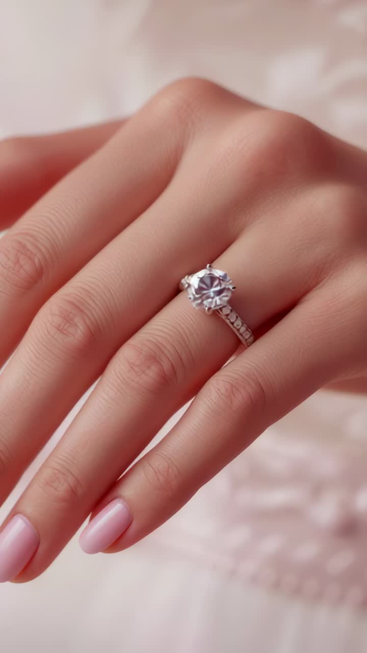 Vertical video: Rotating left hand, center stone sparkling on silk surface, highlighting pave band