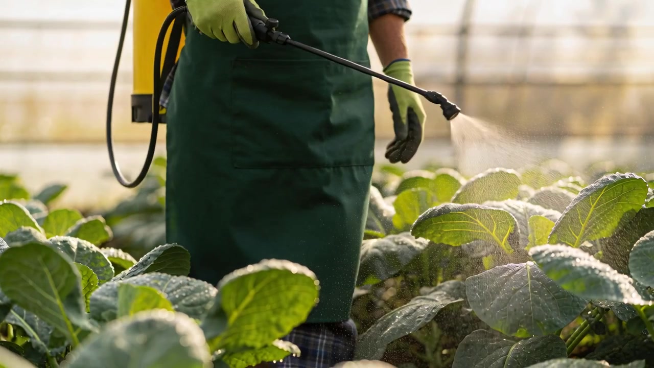 Avvio dello spruzzatore, un operaio agricolo con grembiule verde cammina in serra trattando la lattuga con un serbatoio giallo.