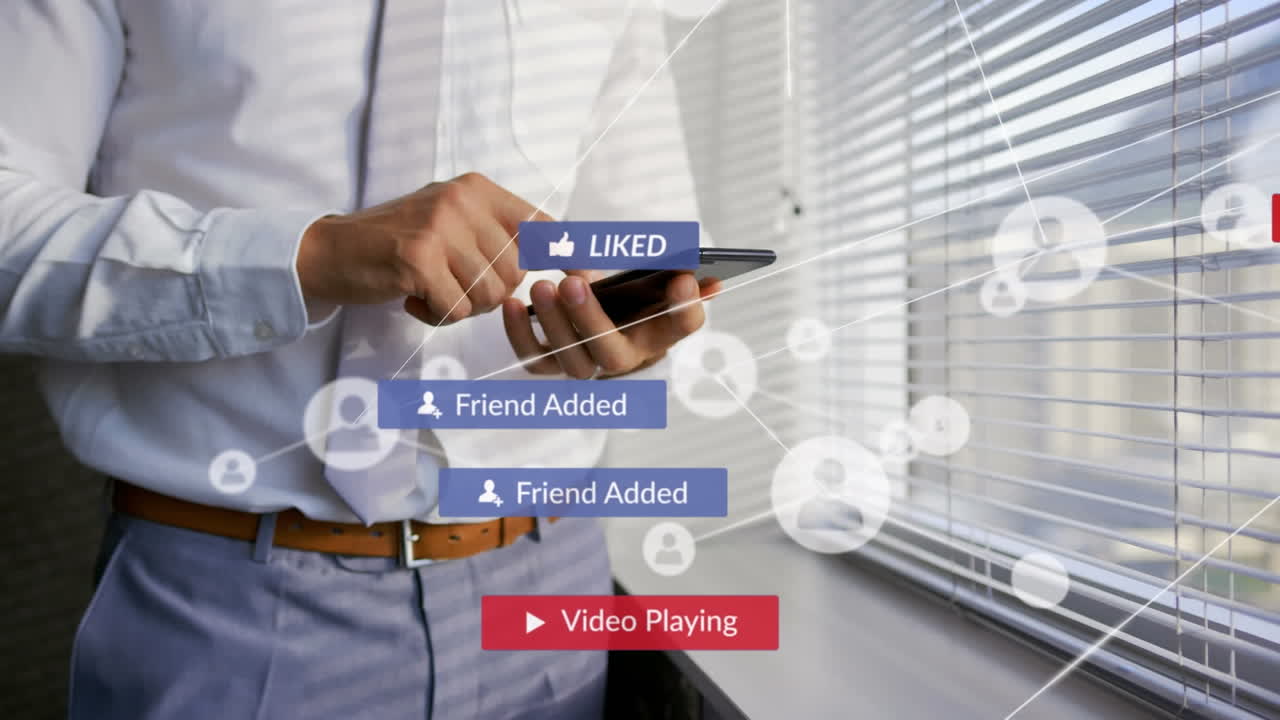 Animation of network of connetcions with icons over cuacasian man using smartphone