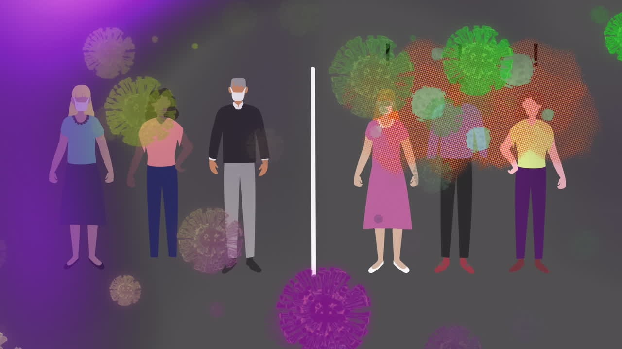 animación de células de covid-19 y sombras de personas