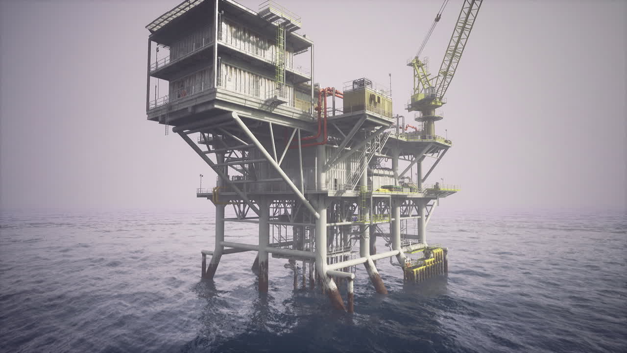 Silent industrial platform illuminated softly against fading horizon