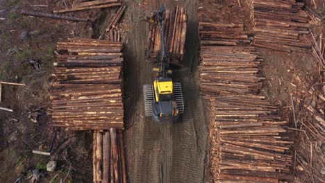 timber transport: drone captures forwarder unloading logs