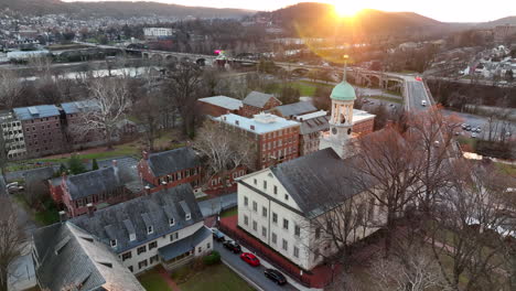 Aerial-establishing-shot-of-Bethlehem-Pennsylvania-at-sunset