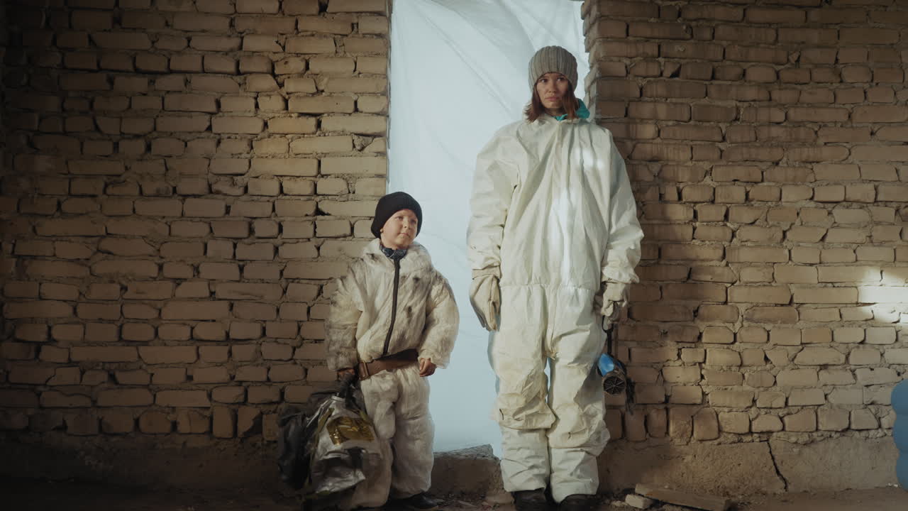 Изгой и женщина в белых защитных костюмах стоят внутри заброшенного кирпичного убежища. Ребенок сжимает найденное снаряжение, а взрослый наблюдает за ним. Резкий свет проникает через окно, затянутое пластиком.