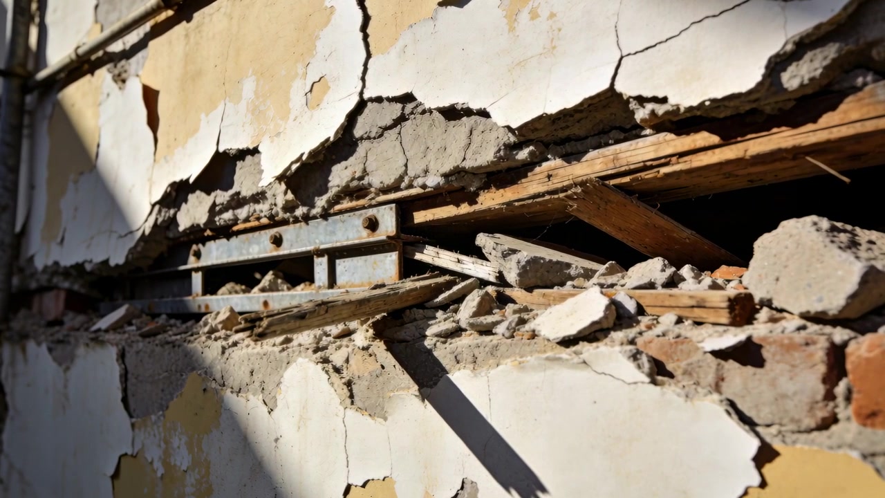 Panning camera revealing exposed wall at site, showing steel beam, wooden plank, rubble for repair