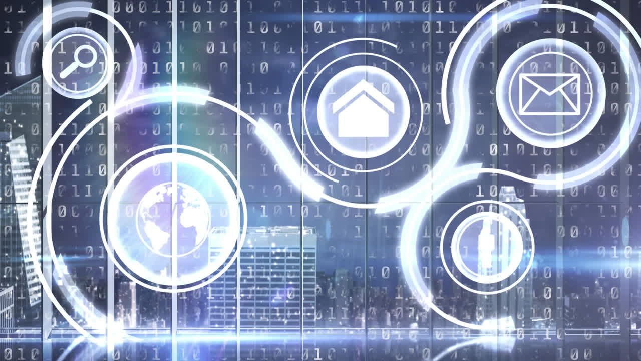animación de iconos tecnológicos con círculos sobre números y un paisaje urbano