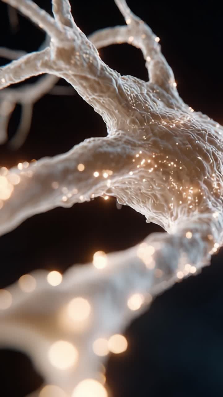 Immagine ravvicinata di una struttura neurale con elementi luminosi, che mostra le complessità e la bellezza delle reti cellulari su uno sfondo scuro.