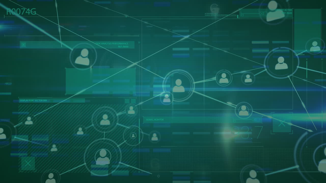 Animation of network of connections with people icons and data processing over grid
