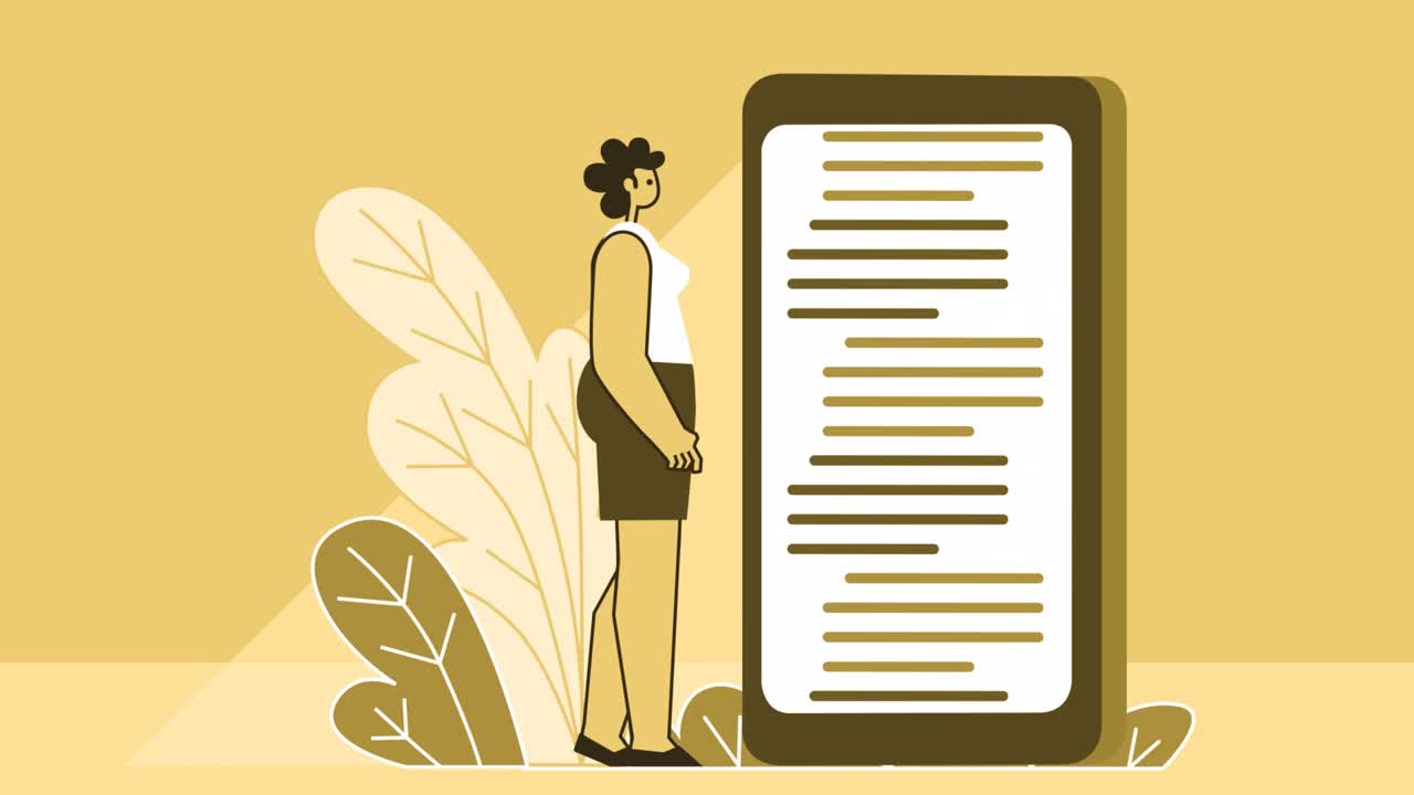 Yellow Style Woman Flat Character Work with Text Information on Smartphone. Isolated Loop Animation with Alpha Channel