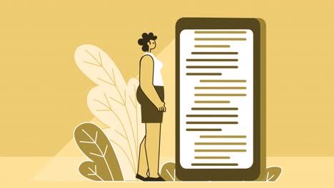 mujer de estilo amarillo trabajo de carácter plano con información de texto en el teléfono inteligente. animación de bucle aislado con canal alfa