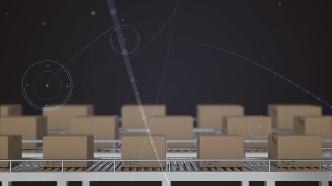 창고의 컨베이어 벨트에 있는 상자 위의 연결 네트워크의 애니메이션