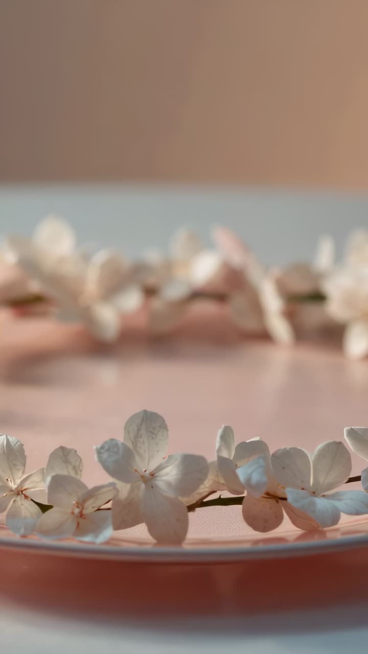 Video verticale: La telecamera si rifocalizza, catturando fioriture bianche su un piatto rosa che mostra i petali