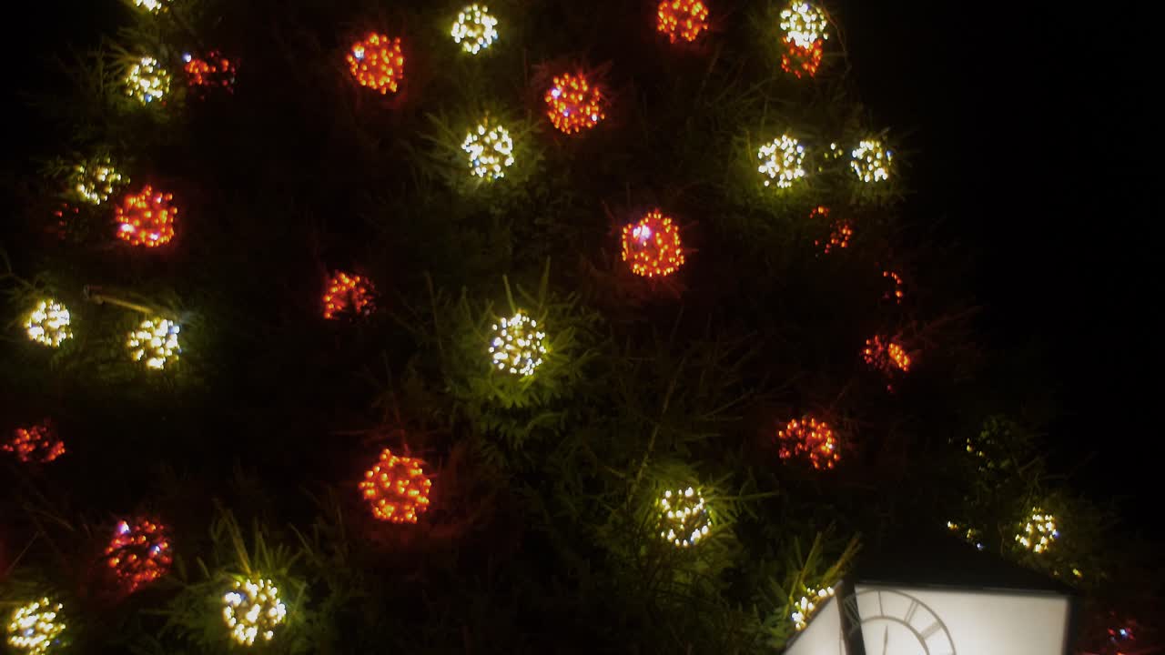 árbol de navidad al aire libre decorado con luces intermitentes y gorro de papá noel en la cima del árbol, linterna con reloj superpuesto, cámara inclinada hacia arriba