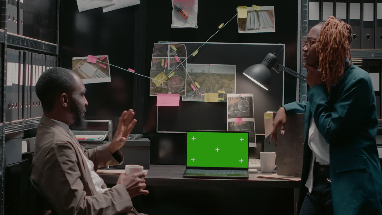 Detectives collaborating on case in office