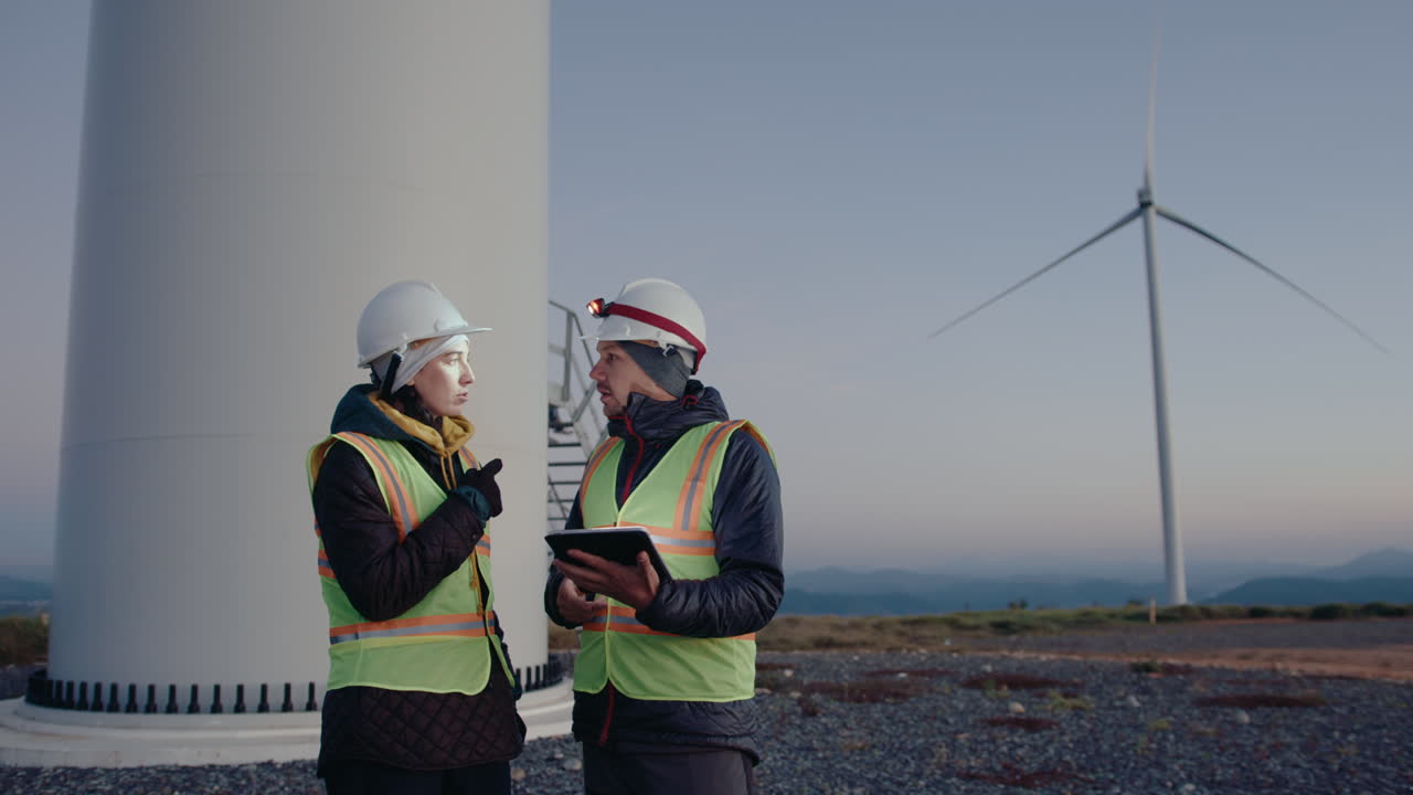 Two Engineers Using Tablet and Discussing Wind Turbines