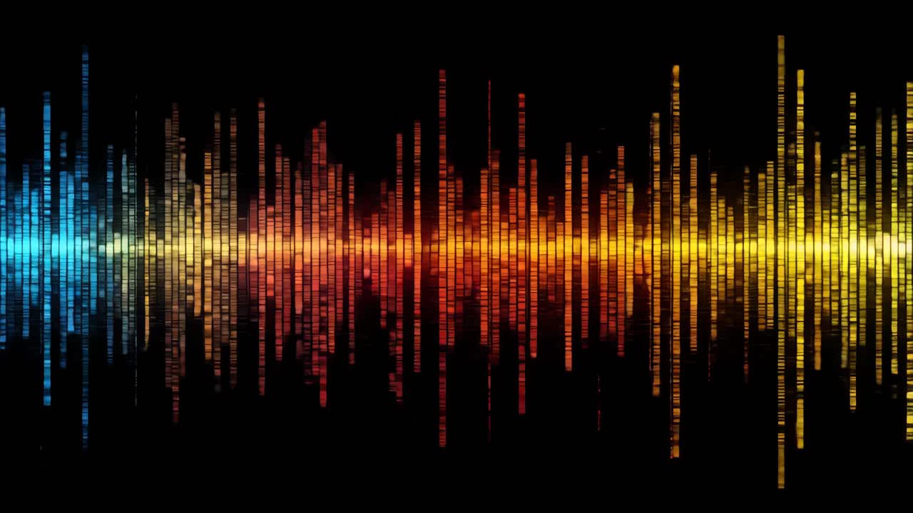 Dynamic soundwave pattern in vibrant colors on a black background, captured from a straight-on