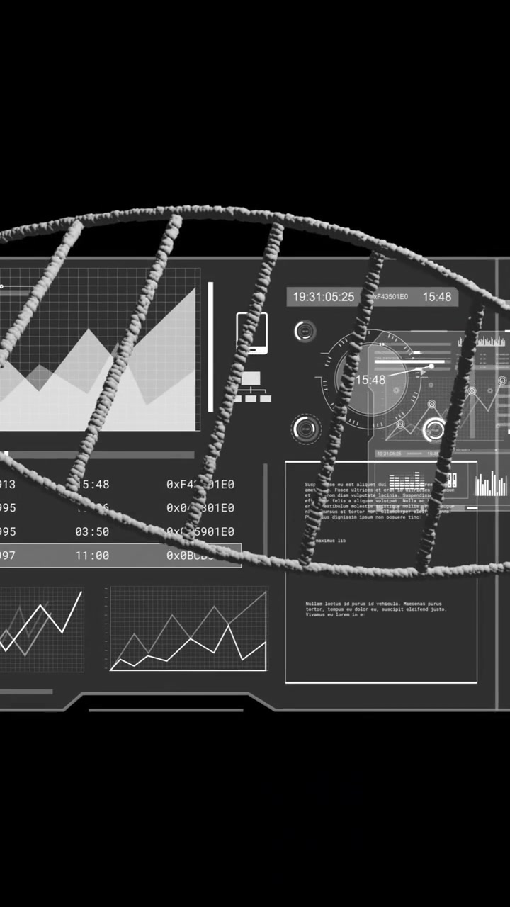 Animation of dna strand and data processing over dark background