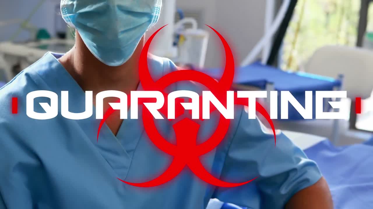 animación de la palabra cuarentena con un trabajador de la salud en el fondo durante la pandemia de coronavirus