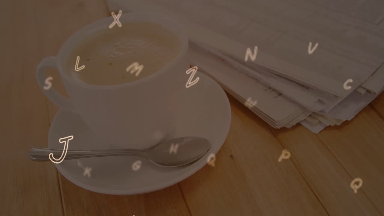composición digital de múltiples alfabetos flotando contra una taza de café y documentos en una superficie de madera