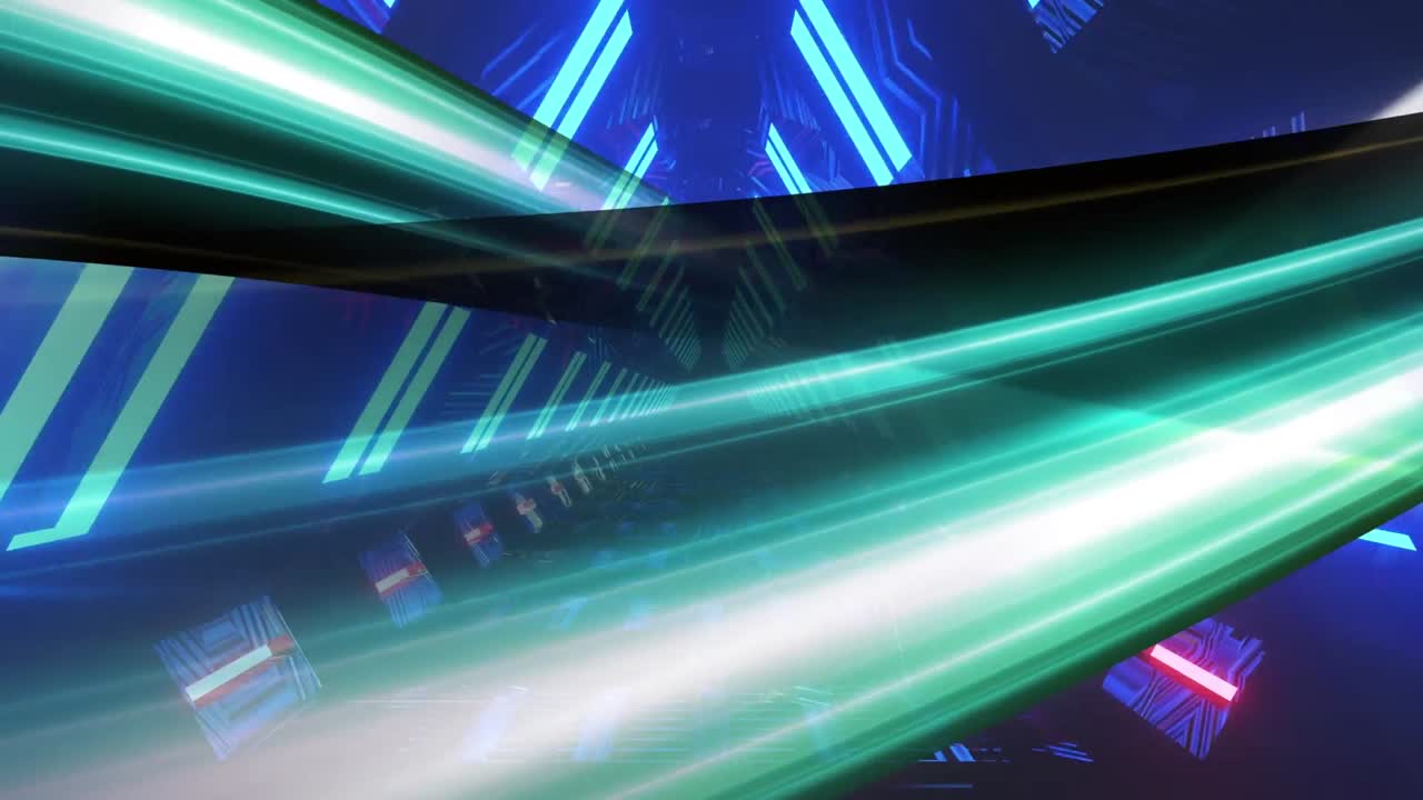 Animation of blue 3d shapes over geometrical glowing blue lights
