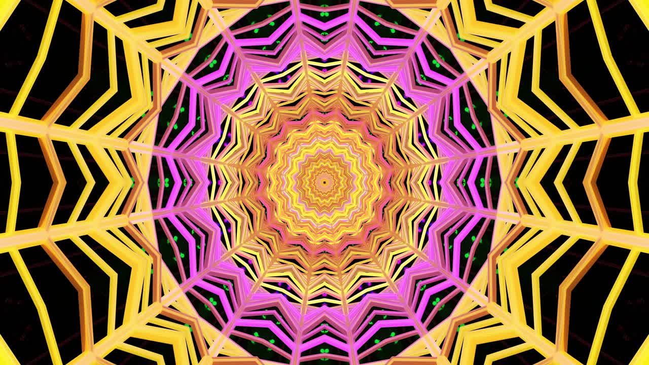 Forme geometriche colorate si irradiano in un affascinante motivo caleidoscopico, creando un loop senza interruzioni. Questo display dinamico offre un'esperienza ipnotica, perfetta per il relax o la stimolazione visiva.