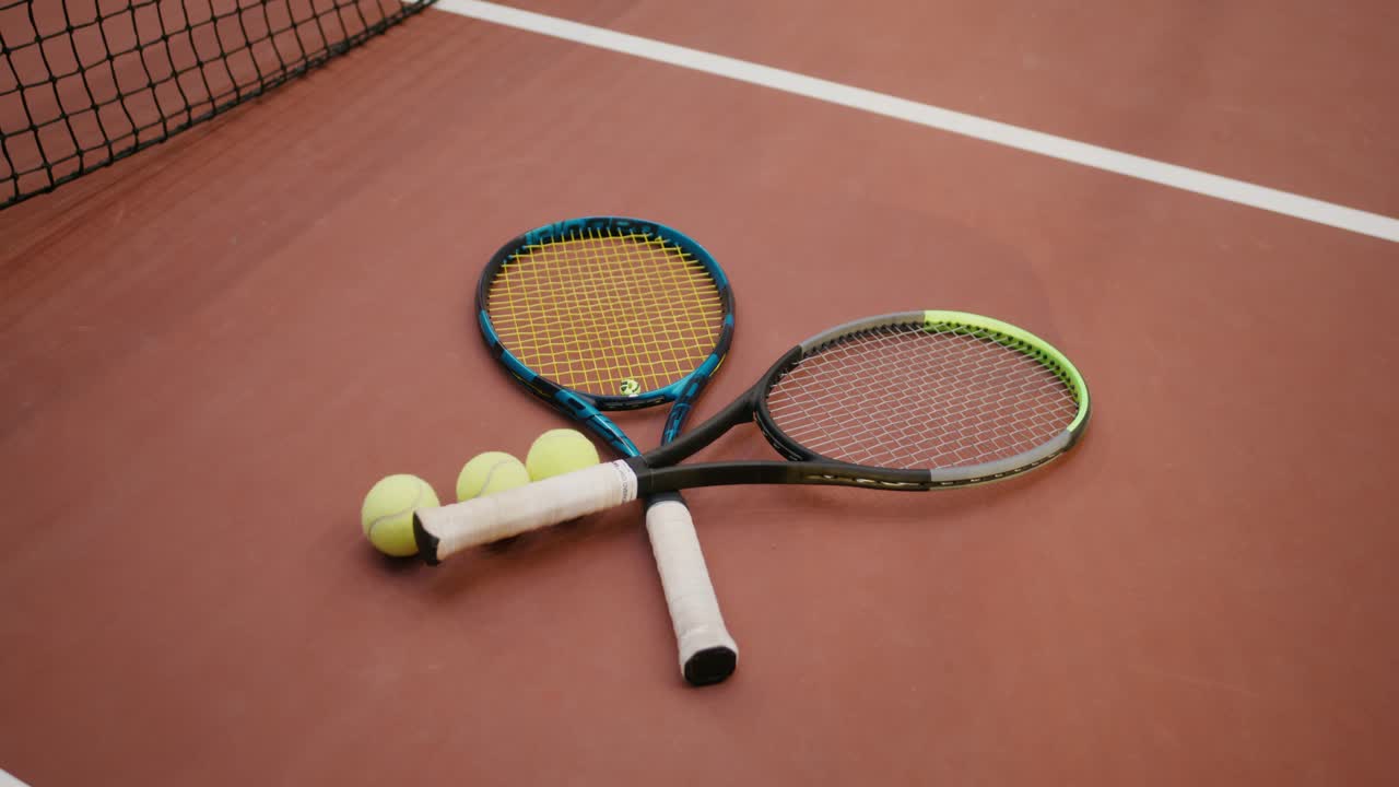 Tennis rackets and balls on a court
