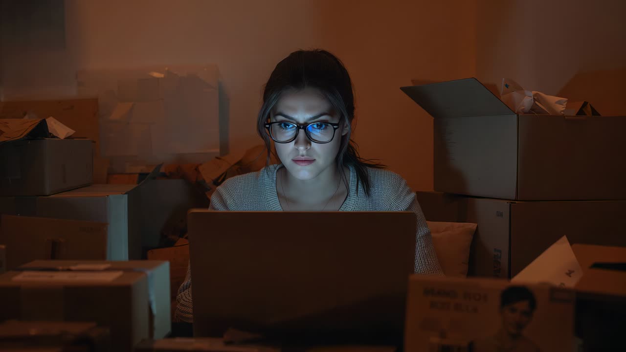 Typing woman wearing sweater and glasses processing orders on laptop with boxes, order appearing