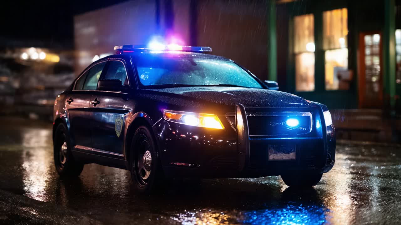 A police car parked on a rainy night, illuminated by vibrant blue and red lights, showcasing public safety and law enforcement presence amidst a glossy wet street atmosphere