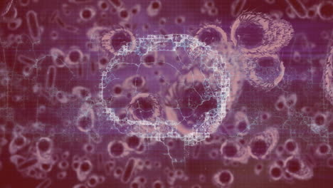 animación del cerebro sobre células en movimiento sobre fondo rojo