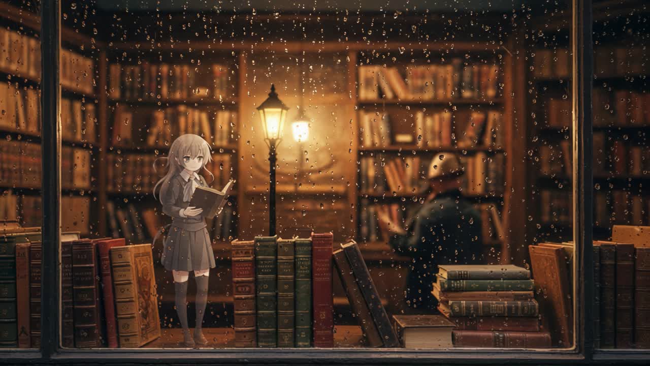 A Tranquil Evening in a Rainy Library: A Character Reads Intensely Amidst Rows of Books and Soft Lantern Light, Creating an Enchanting Atmosphere of Knowledge and Imagination