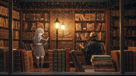 a tranquil evening in a rainy library: a character reads intensely amidst rows of books and soft lantern light, creating an enchanting atmosphere of knowledge and imagination