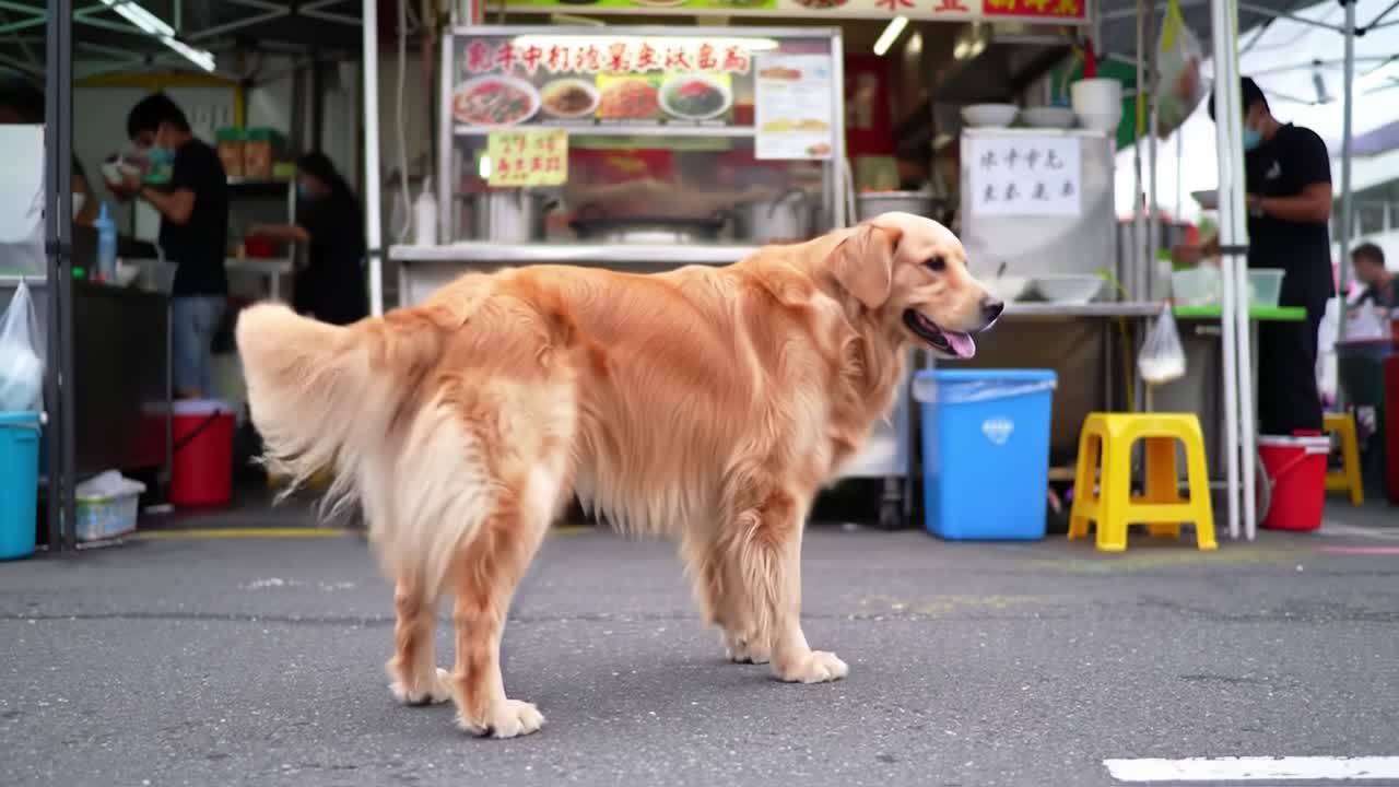 A Golden Retriever Standing Proudly at a Bustling Food Stall, Enjoying the Vibrant Atmosphere of Street Food and Surrounding Activity.