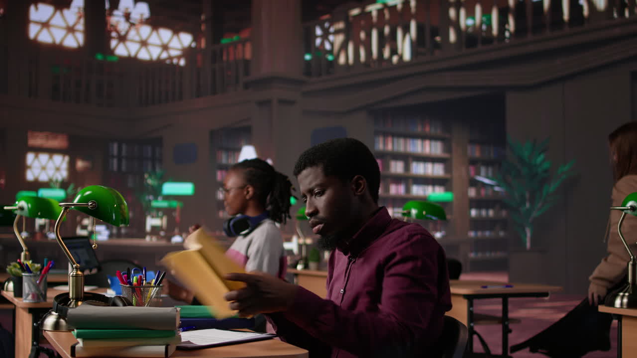 Vertical video african american guy highlighting essential handwritten class notes