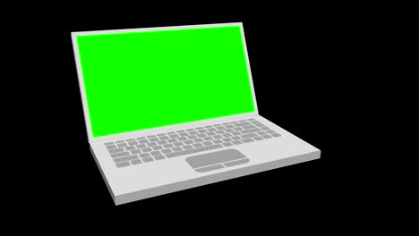 3d notebook or laptop with green screen display show up rotate and open.