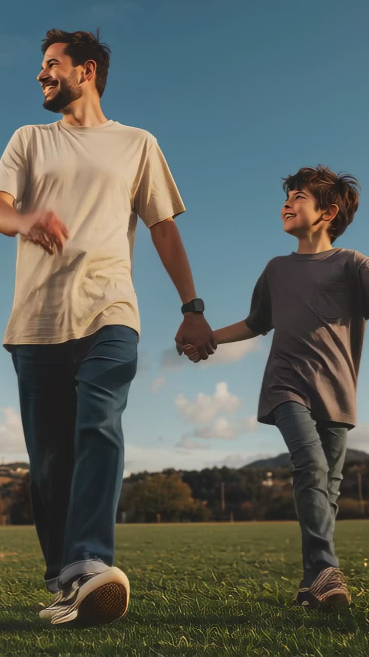 Video verticale: Padre e figlio camminano tenendosi per mano in un parco, rispondendo a un suggerimento della telecamera e guardando l'obiettivo.