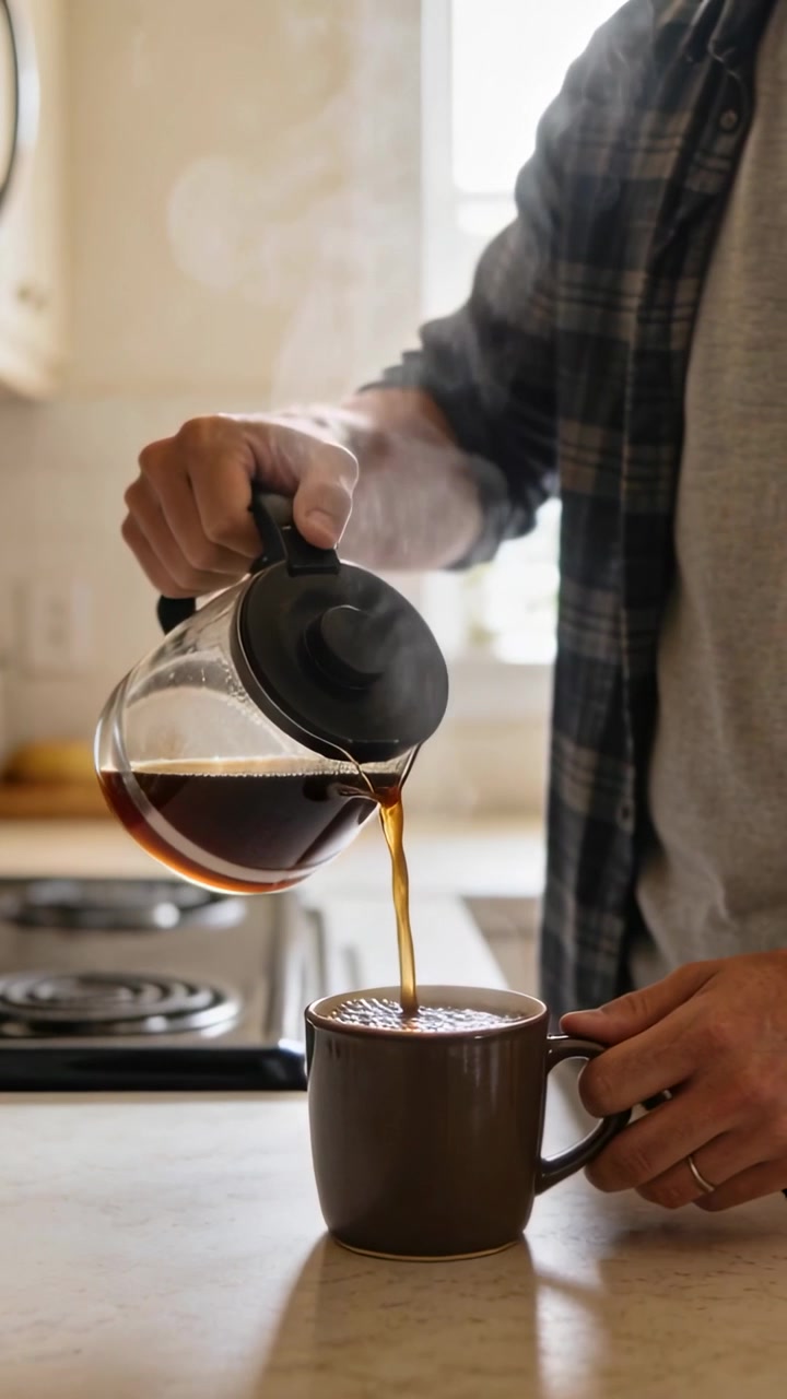 Vídeo vertical: Homem de camisa xadrez trazendo jarra e despejando café em caneca na cozinha, preparando a bebida.