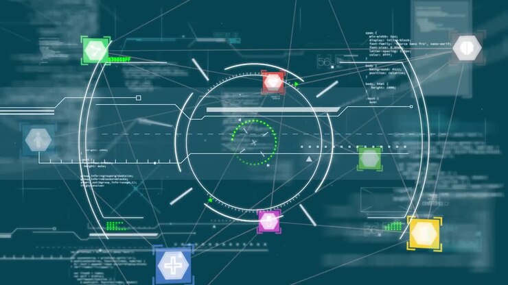 Animation of data processing and web connections and icons floating over circles