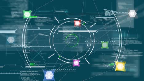 animación de procesamiento de datos y conexiones web e iconos flotando sobre círculos