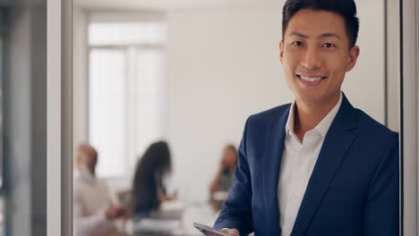 management, tablet and face of businessman