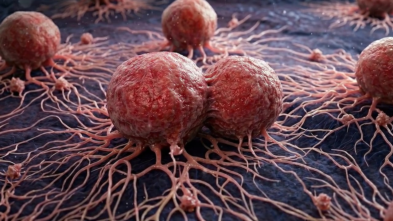 Concetto di ricerca medica: cellule tumorali in crescita connesse a fibre tissutali