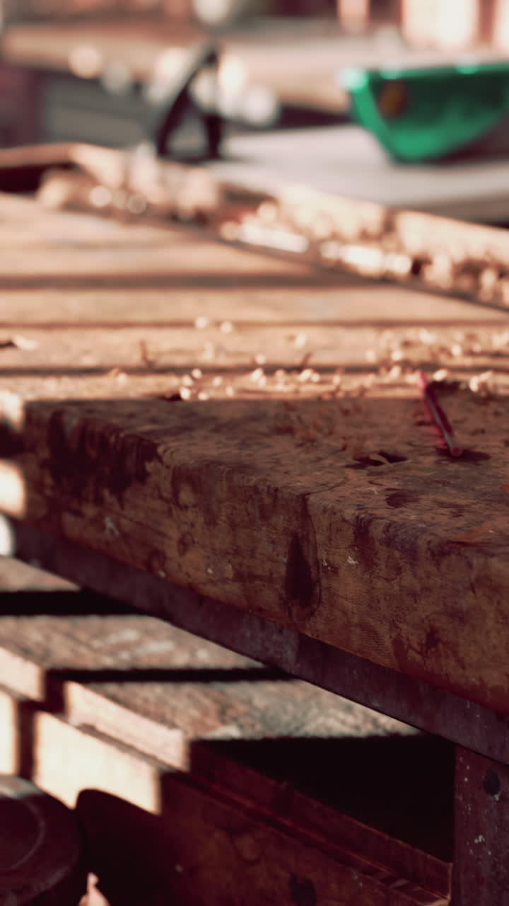 vista de cerca de un banco de trabajo de madera con virutas de madera