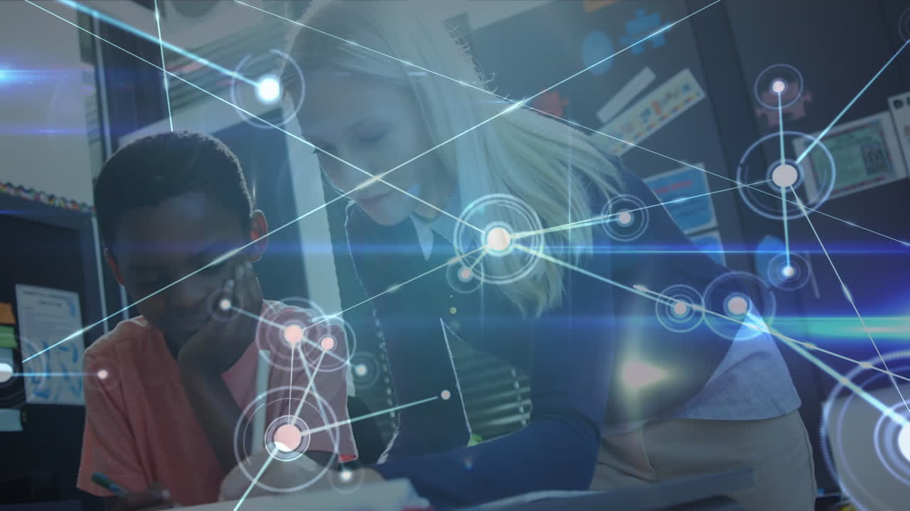 Animation of boy and a teacher in a classroom over a web of connected dots in the background