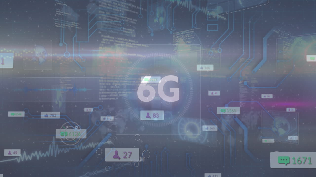 Animation of 6g text, online digital icons on banners over cityscape