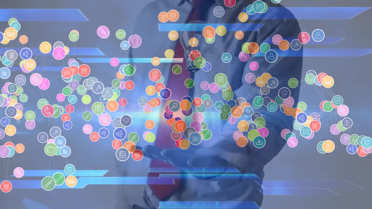 Animation of colourful icons floating over businessman throwing and catching lightbulb